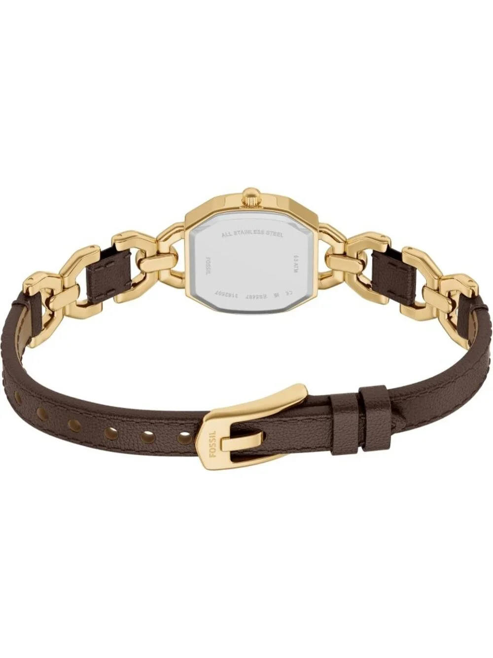 Women's Gold-Tone Stainless Steel Three-Hand Brown Leather Octagonal case Watch